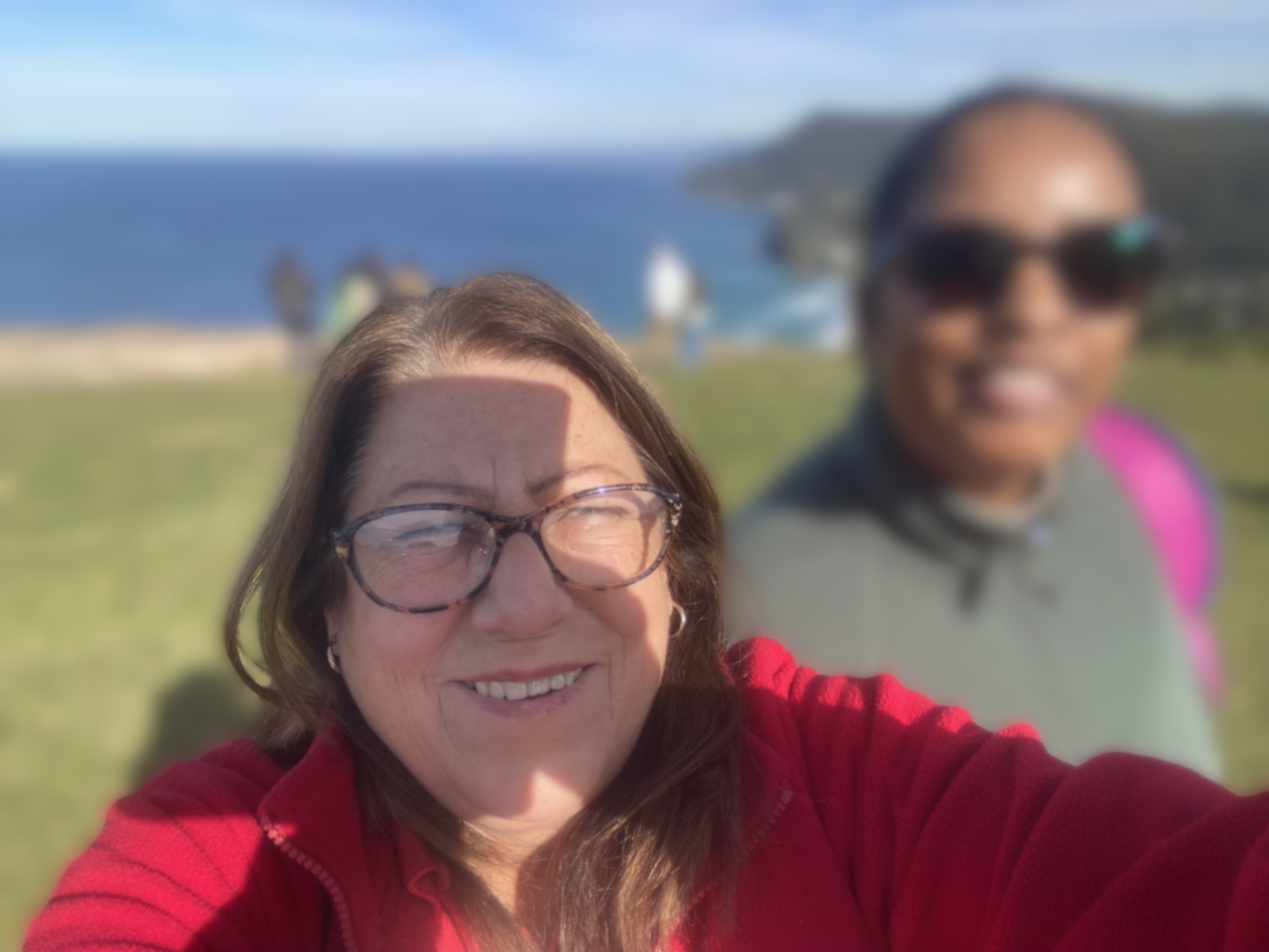 A support worker and NDIS participant enjoying time outdoors at a scenic coastal lookout during a supported social outing, with the participant de-identified for privacy.