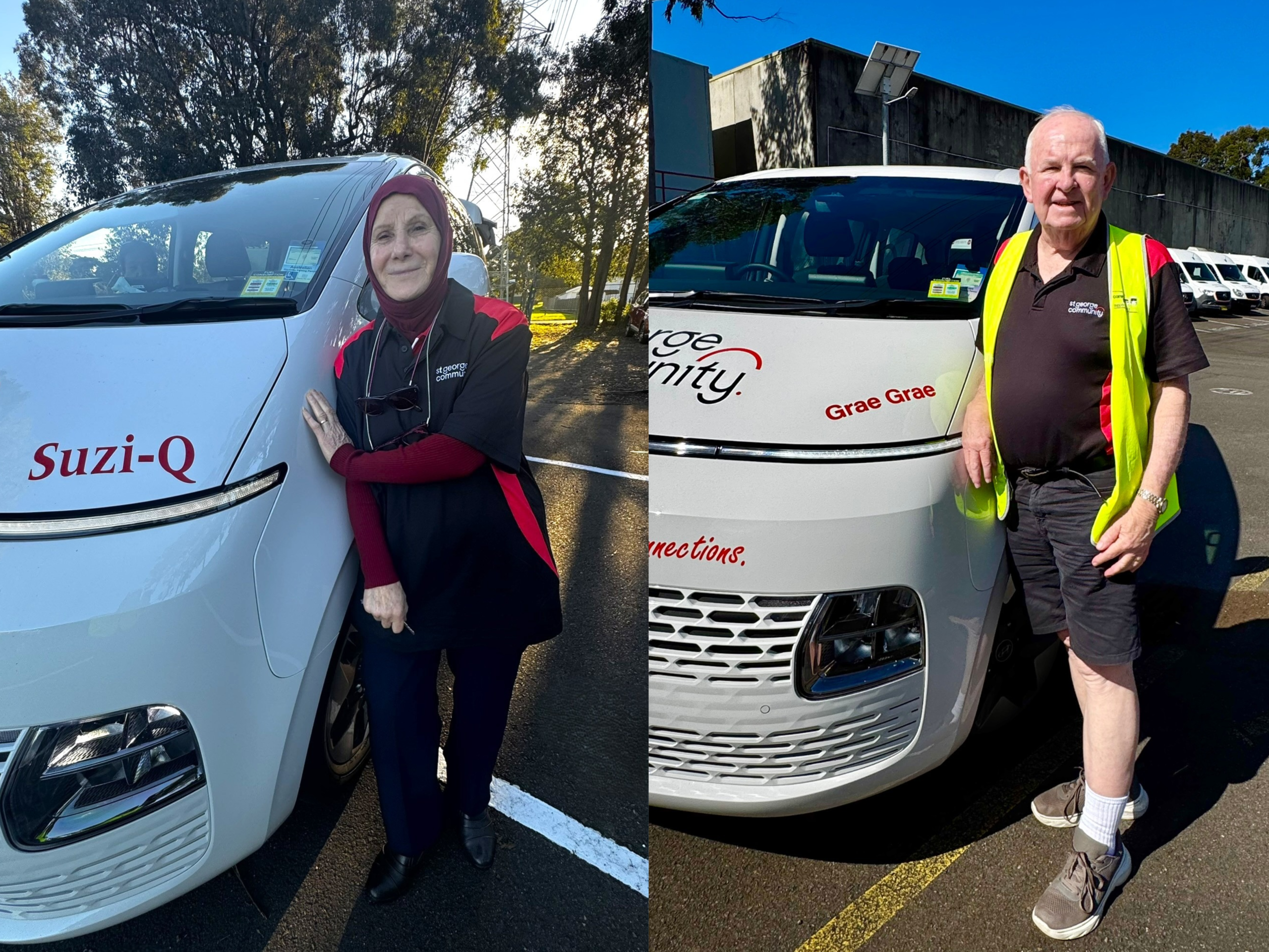 St George Community volunteers Sue Hijazi and Graeme Barker beside their namesake wheelchair-accessible Hyundai Staria vehicles, Suzie Q and Grae Grae.